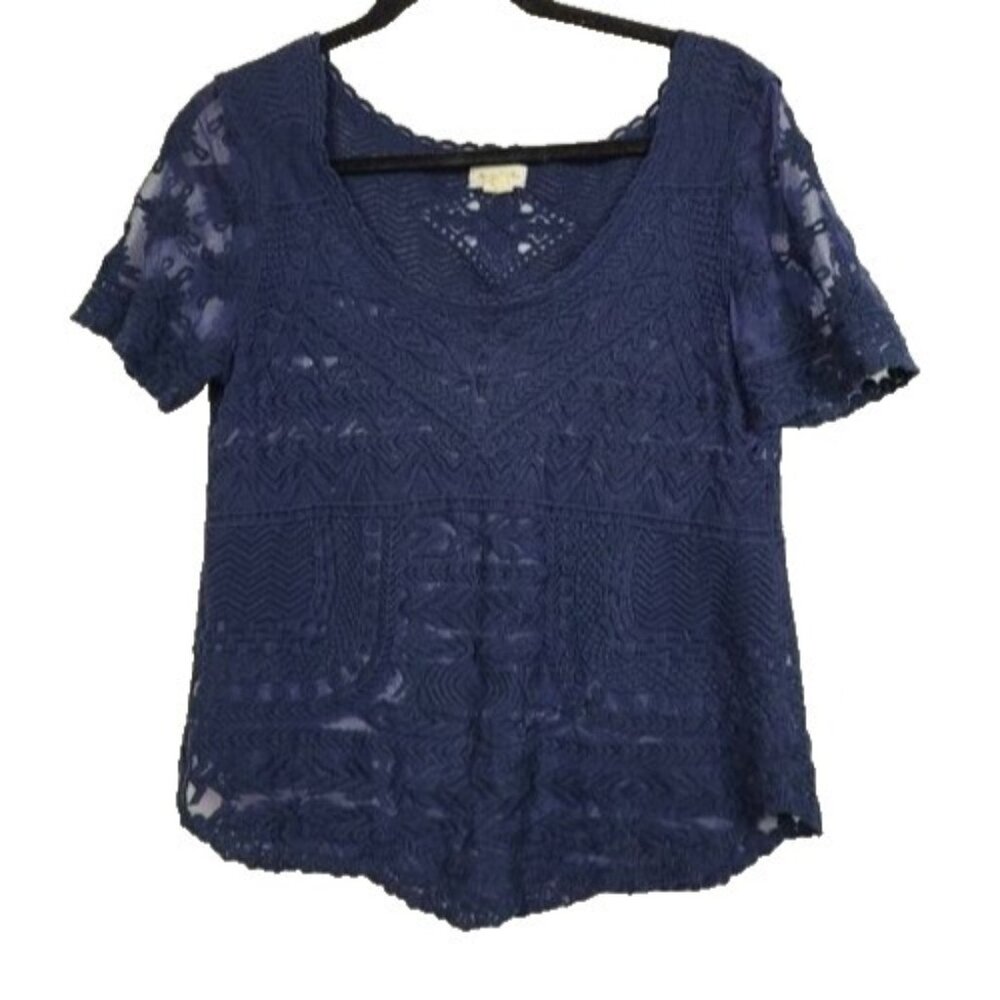 𝅺Meadow Rue Anthropologie Womens Top LP Navy Lace Sheer Short Sleeve Whimsygoth